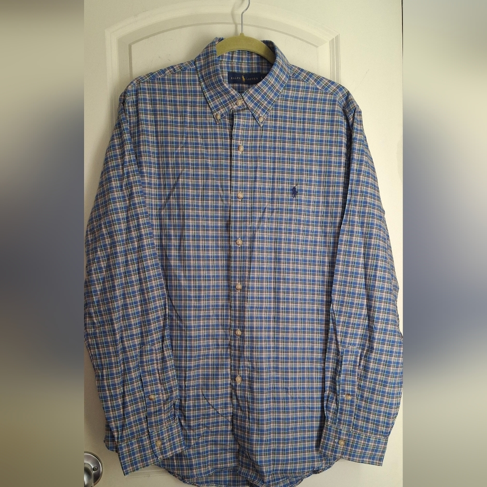 Ralph‎ Lauren Cotton Blue Plaid Men's Long Sleeve Shirt Christmas Formal Party